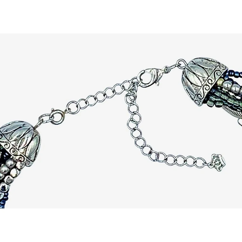 Premier Designs Interwoven Multi Strand Braided‎ Beaded Bib Necklace Blue Green